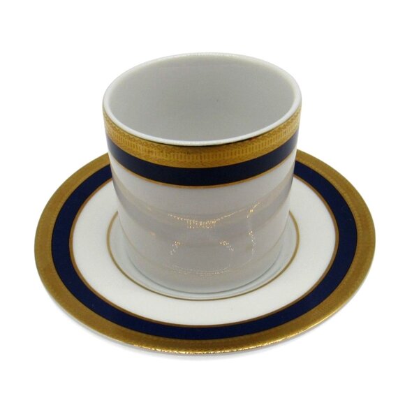 LA VAISSELLERIE Fine PORCELAIN Espresso Cup Saucer Gold Blue Navy Vaiselle Vinta - Picture 3 of 12